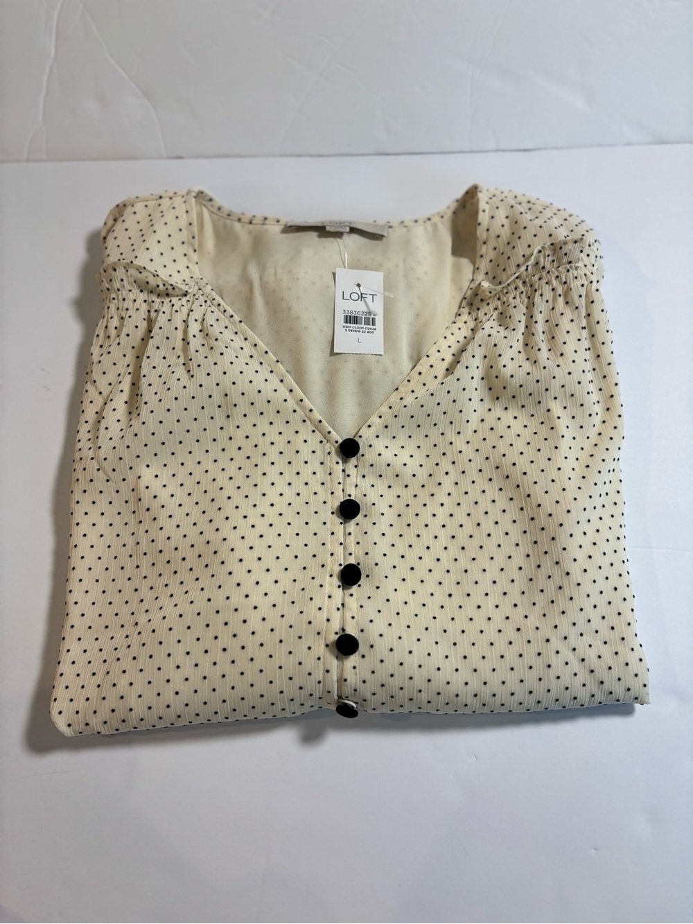 LOFT Cream Blouse with Black Dot Print and Button Front
